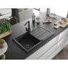 Mexen Bruno granite sink 1-bowl with drainer and Rita kitchen tap, black speckled - 6513-76-670300-70-B