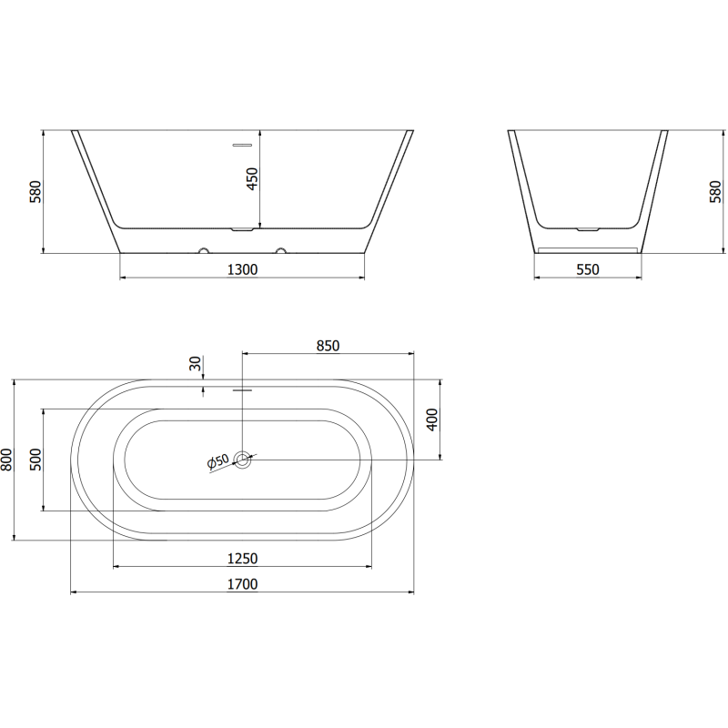 Mexen Luna freestanding bath 170 x 80 cm, white, brushed copper overflow - 52031708000-65