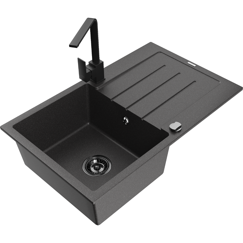 Mexen Bruno 1-compartment granite sink with a drip tray and kitchen mixer tap Rita, spotted black - 6513-76-670300-70-B