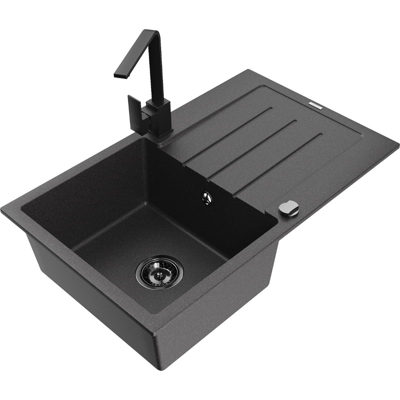 Mexen Bruno granite kitchen sink 1-bowl with drainer and Rita kitchen faucet, speckled black - 6513-76-670300-70-B