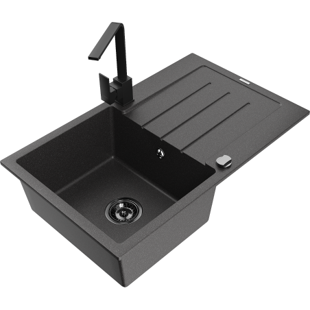 Mexen Bruno 1-bowl granite sink with drainer and kitchen faucet Rita, speckled black - 6513-76-670300-70-B