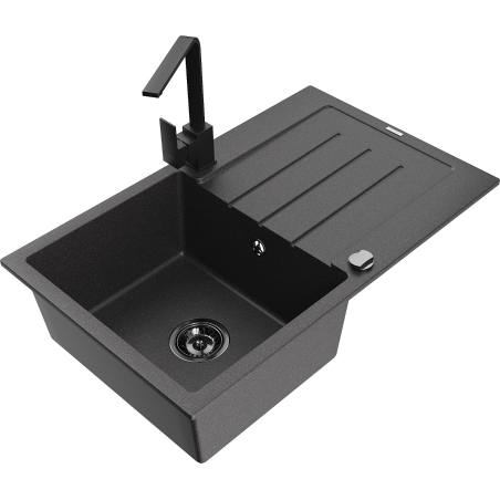 Mexen Bruno granite sink 1-bowl with drainer and Rita kitchen tap, black speckled - 6513-76-670300-70-B