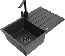 Mexen Bruno 1-bowl granite sink with drainer and kitchen faucet Rita, speckled black - 6513-76-670300-70-B