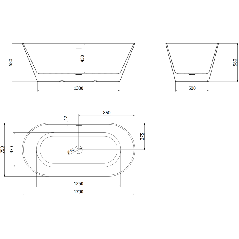 Mexen Luna Slim 170 x 75 cm Freestanding Bath, White, Chrome Overflow - 52041707500-01