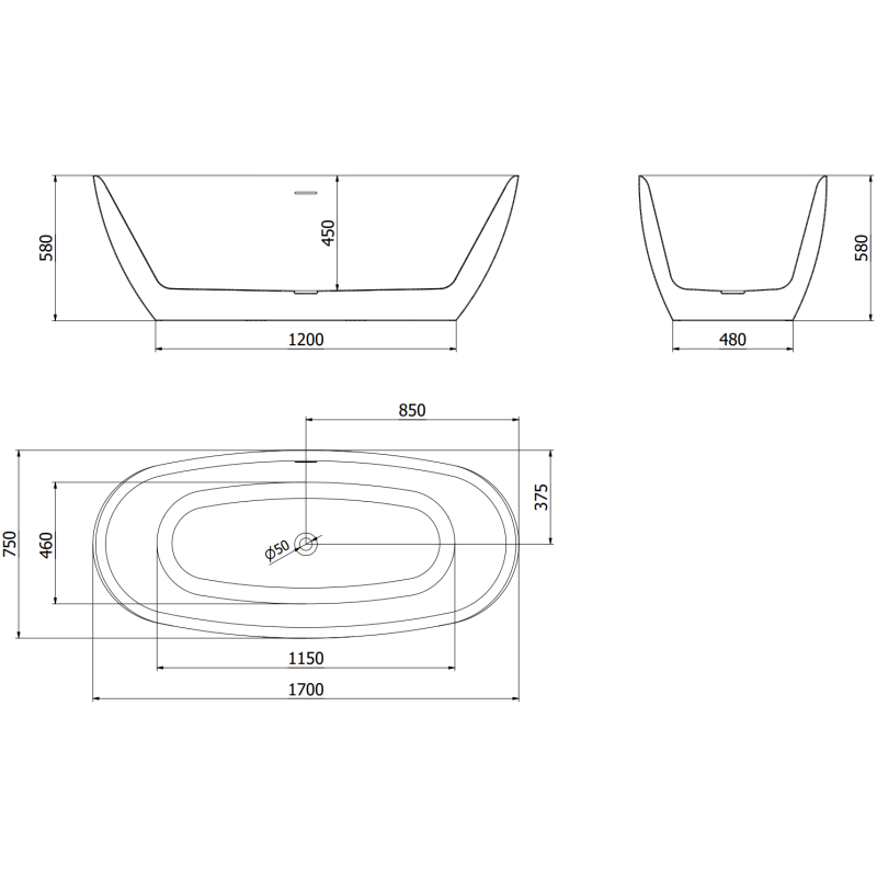 Mexen Luvo Slim freestanding bath 170 x 75 cm, white, gun metal overflow - 52801707500-95