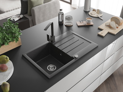 Mexen Bruno granite sink 1-bowl with drainer and Rita kitchen tap, speckled black - 6513-76-670300-76