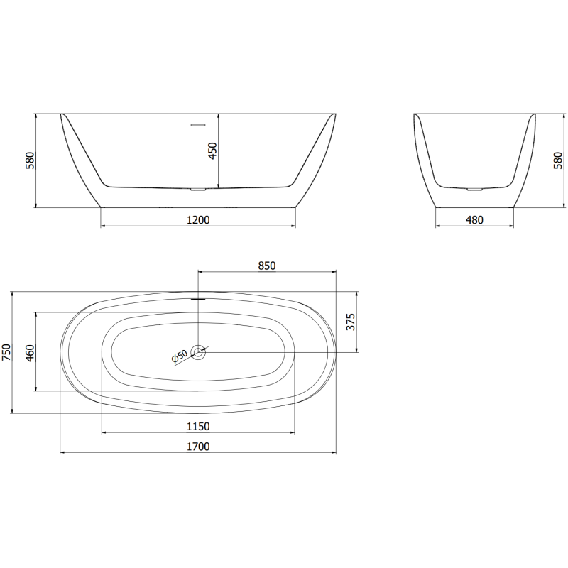 Mexen Luvo Slim freestanding bath 170 x 75 cm, white/black, gun metal overflow- 52801707575-95