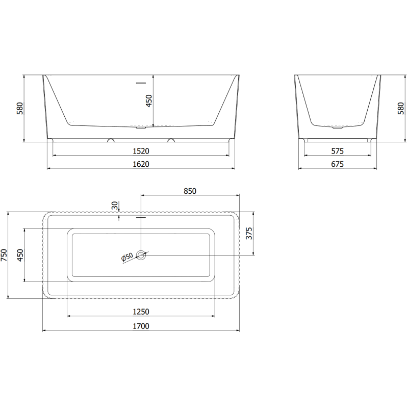 Mexen Nila freestanding ribbed bathtub 170 x 75 cm, white/black, chrome overflow - 52841708075-01