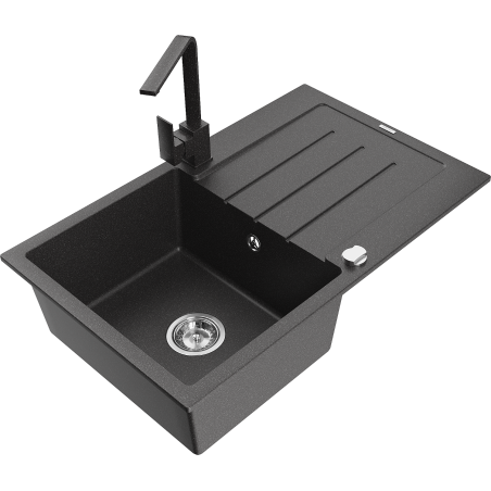 Mexen Bruno Granite Kitchen Sink with 1 Basin, Drainer, and Rita Kitchen Faucet, Black Speckled - 6513-76-670300-76