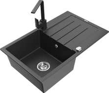 Mexen Bruno granite sink 1-bowl with drainer and Rita kitchen tap, speckled black - 6513-76-670300-76