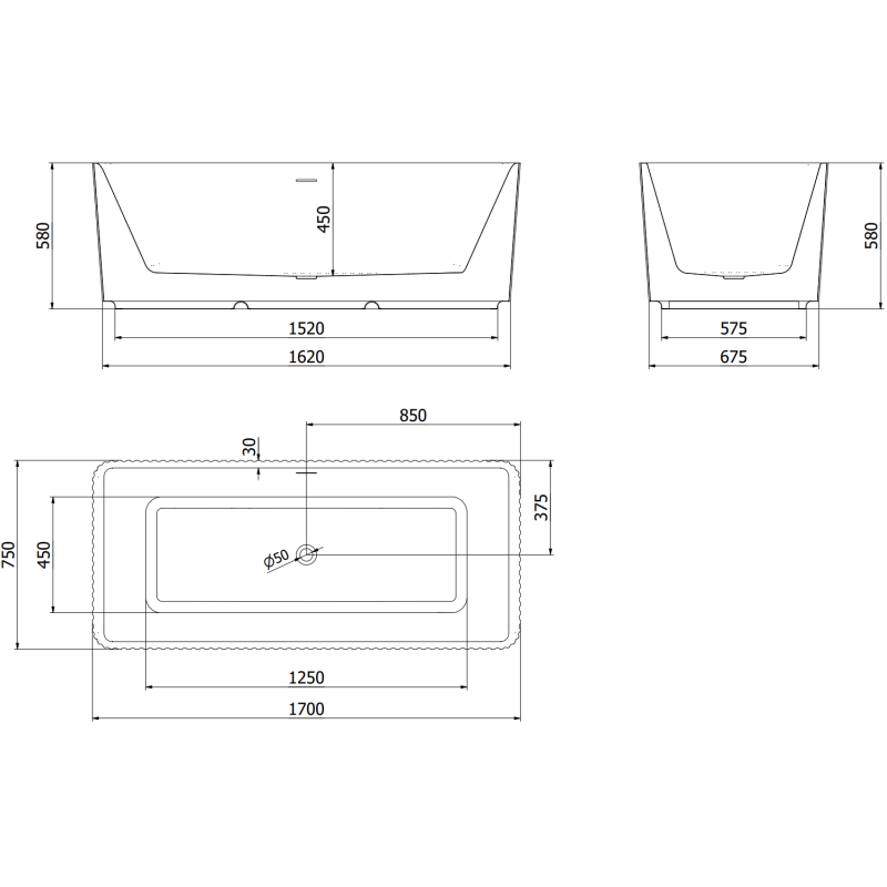 Mexen Nila freestanding fluted bath 170 x 75 cm, white/black, gun metal overflow - 52841708075-95