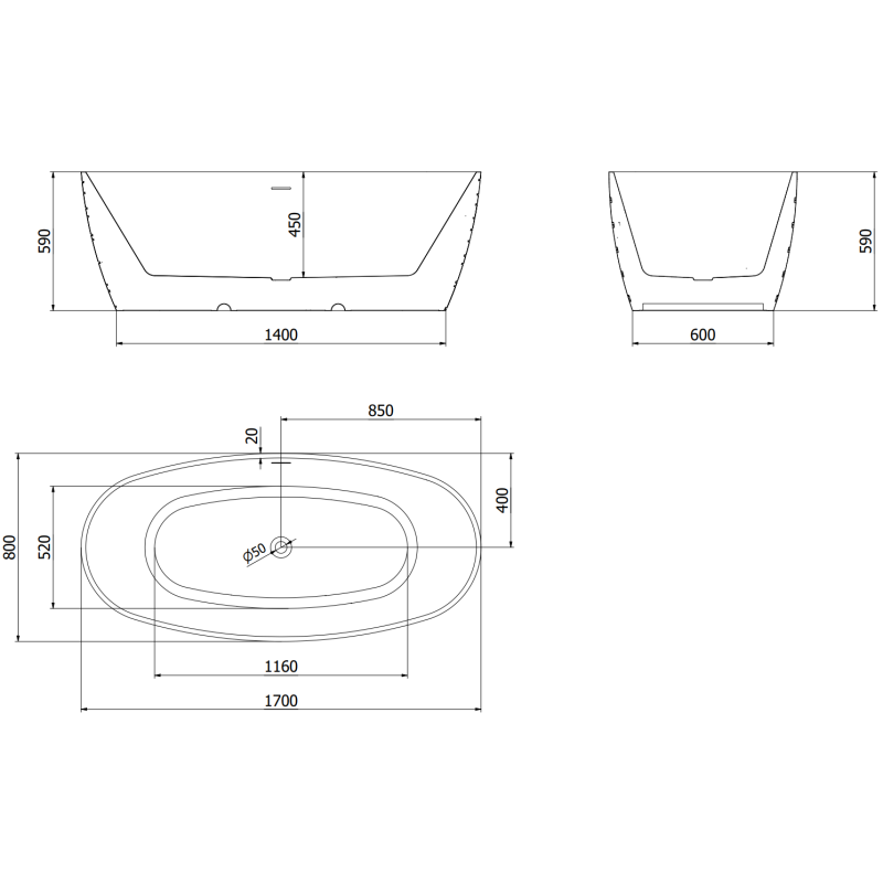 Mexen Olea freestanding bathtub model 170 x 80 cm, white/black, brushed gun gray overflow - 52821708075-66