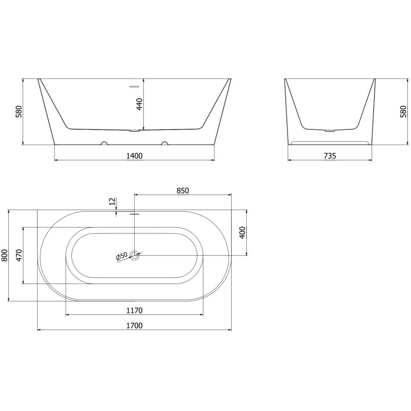 Mexen Oval Slim freestanding back-to-wall bath 170 x 80 cm, white, gold overflow - 52661708000-50