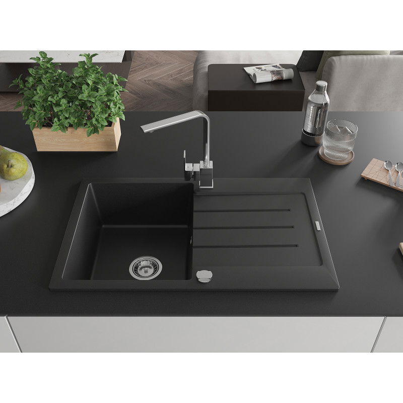 Mexen Bruno granite sink, 1-bowl with drainer and Rita kitchen tap, black - 6513-77-670300-00
