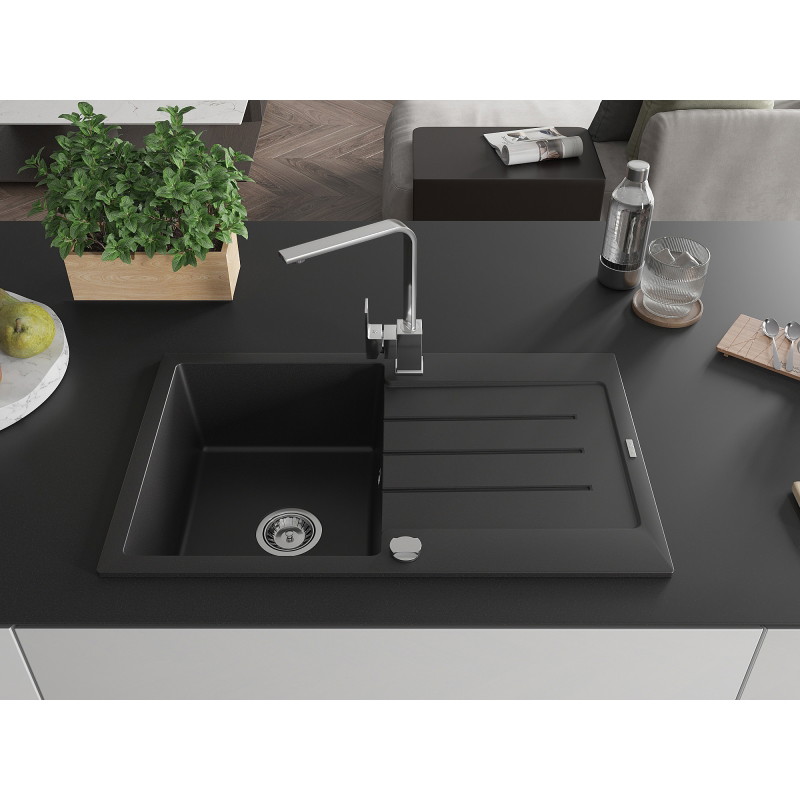 Mexen Bruno single-bowl granite sink with drainer and kitchen faucet Rita, black - 6513-77-670300-00