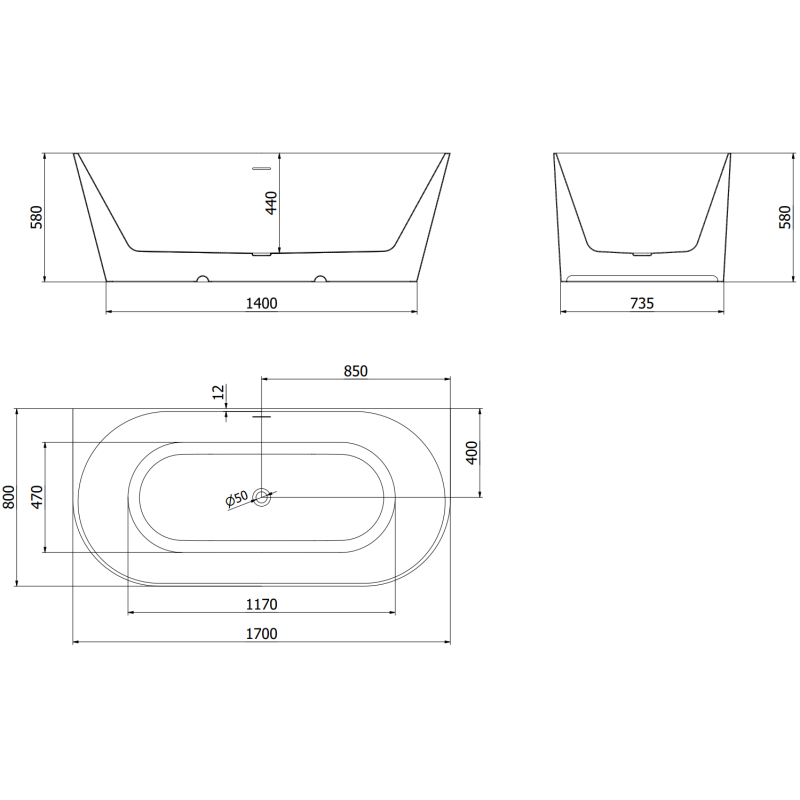 Mexen Oval Slim freestanding wall-adjacent bathtub 170 x 80 cm, white/black, black overflow - 52661708075-70