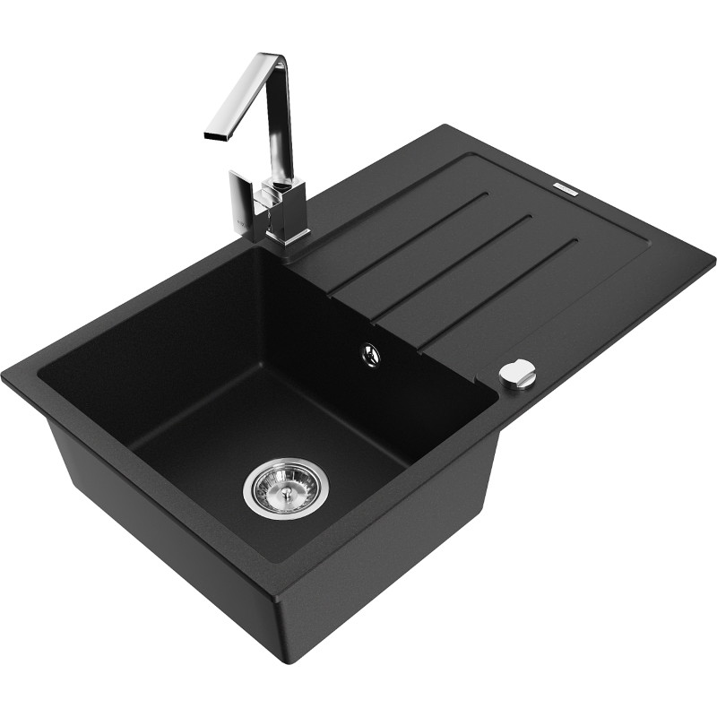 Mexen Bruno single-bowl granite sink with drainer and kitchen faucet Rita, black - 6513-77-670300-00