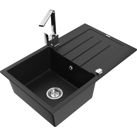 Mexen Bruno granite sink 1-bowl with drainer and kitchen faucet Rita, black - 6513-77-670300-00