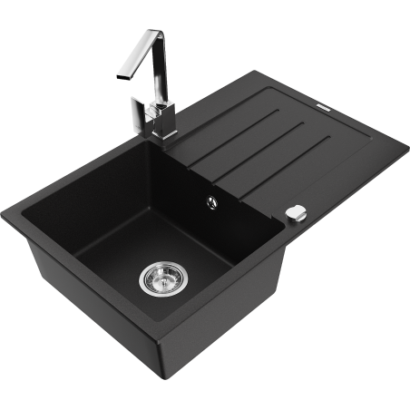 Mexen Bruno granite sink, 1-bowl with drainer and Rita kitchen tap, black - 6513-77-670300-00