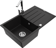 Mexen Bruno granite sink, 1-bowl with drainer and Rita kitchen tap, black - 6513-77-670300-00