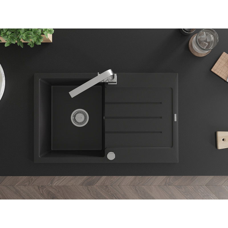 Mexen Bruno granite sink, 1-bowl with drainer and Rita kitchen tap, black - 6513-77-670300-00