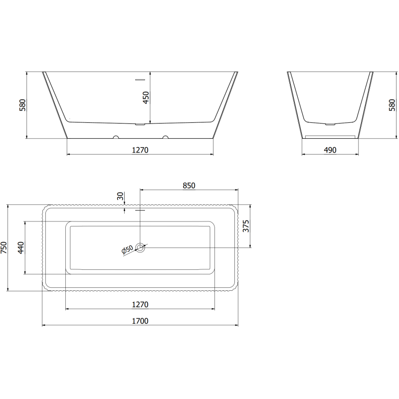 Mexen Tava freestanding fluted bathtub 170 x 75 cm, white/black, gold brushed overflow - 52851707575-55