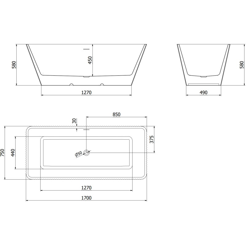 Mexen Tava freestanding fluted bathtub 170 x 75 cm, white/black, brushed gun gray overflow - 52851707575-66