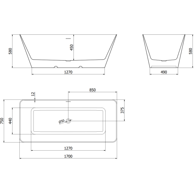 Mexen Velo Slim free-standing bath 170 x 75 cm, white/black, white overflow - 52811707575-20