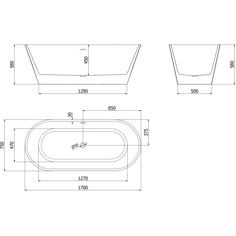 Mexen Yara freestanding ribbed bath 170 x 75 cm, white, chrome overflow - 52861707500-01