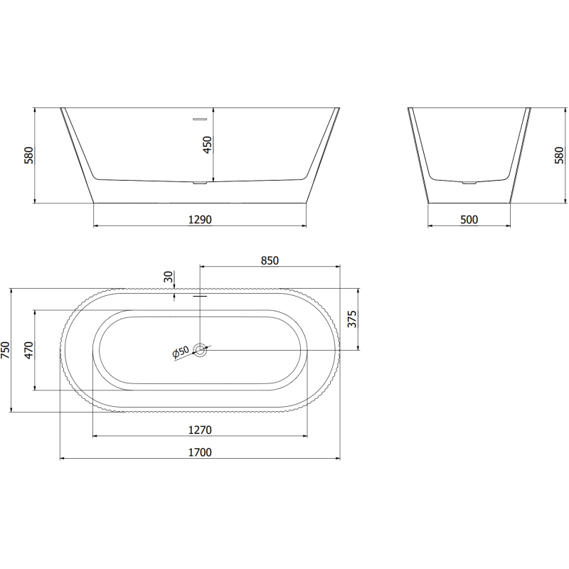 Mexen Yara freestanding fluted bathtub 170 x 75 cm, white/black, brushed gold overflow - 52861707575-55