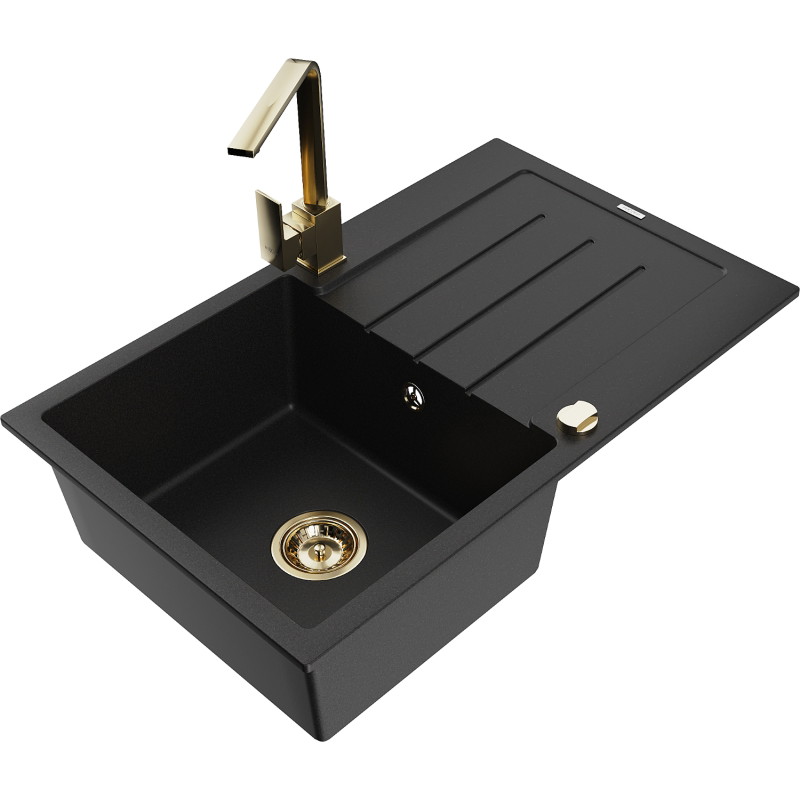 Mexen Bruno granite kitchen sink, single-bowl with drainer and Rita kitchen faucet, black - 6513-77-670300-50