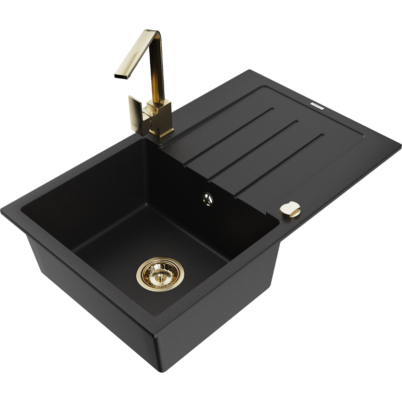 Mexen Bruno granite kitchen sink with 1 bowl, drainer and Rita kitchen tap, black - 6513-77-670300-50