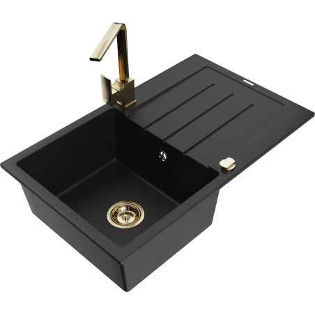 Mexen Bruno granite kitchen sink, single-bowl with drainer and Rita kitchen faucet, black - 6513-77-670300-50