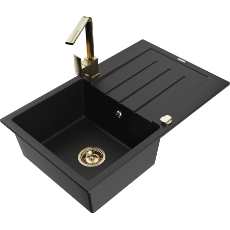 Mexen Bruno granite kitchen sink with 1 bowl, drainer and Rita kitchen tap, black - 6513-77-670300-50