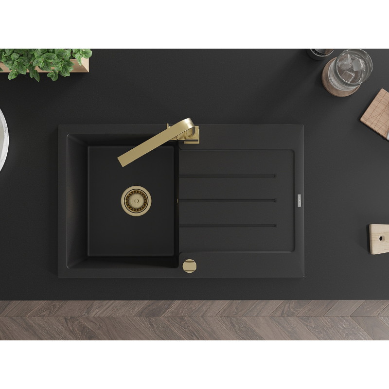 Mexen Bruno 1-bowl granite kitchen sink with drainer and Rita faucet, black - 6513-77-670300-50
