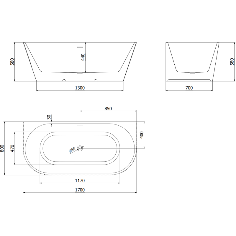 Mexen Oris Free-Standing Wall-Adjacent Ribbed Bathtub 170 x 80 cm, White/Grey, White Overflow - 52871708062-20