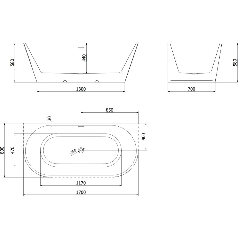Mexen Oris freestanding ribbed wall-mounted bathtub 170 x 80 cm, white/gray, brushed gold overflow - 52871708062-55
