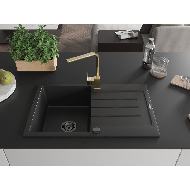 Mexen Bruno granite kitchen sink with one bowl, drainer and Rita kitchen faucet, black - 6513-77-670300-50-B