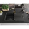 Mexen Bruno granite kitchen sink with one bowl, drainer and Rita kitchen faucet, black - 6513-77-670300-50-B