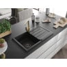 Mexen Bruno granite kitchen sink with one bowl, drainer and Rita kitchen faucet, black - 6513-77-670300-50-B