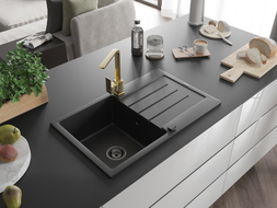 Mexen Bruno granite kitchen sink with one bowl, drainer and Rita kitchen faucet, black - 6513-77-670300-50-B