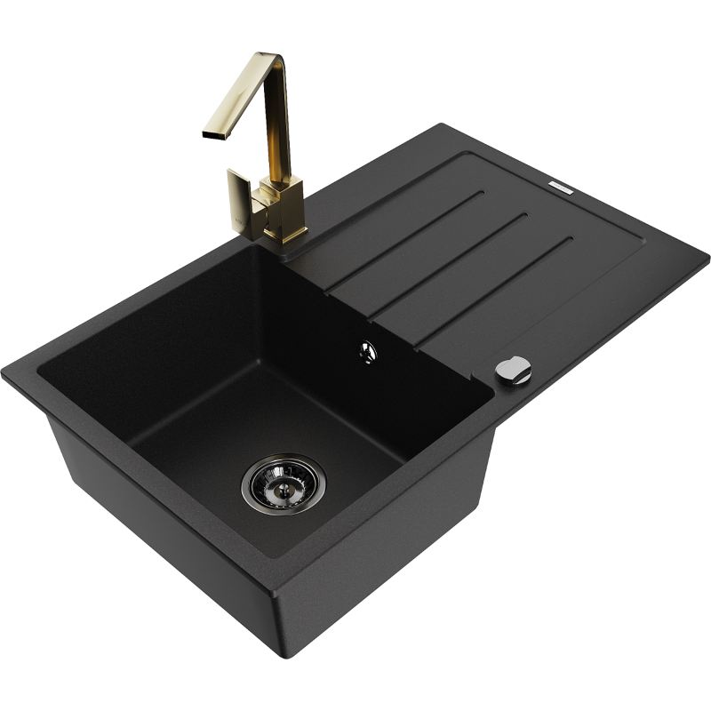 Mexen Bruno 1-compartment granite sink with a drip tray and kitchen mixer tap Rita, Black - 6513-77-670300-50-B