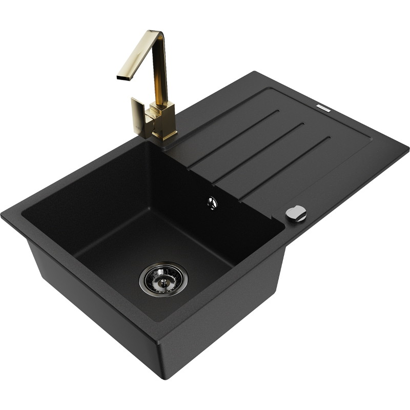 Mexen Bruno granite 1-bowl sink with drainer and Rita kitchen faucet, black - 6513-77-670300-50-B