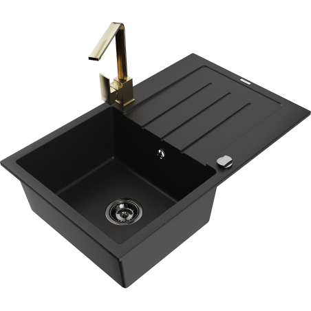 Mexen Bruno granite 1-bowl sink with drainer and Rita kitchen faucet, black - 6513-77-670300-50-B