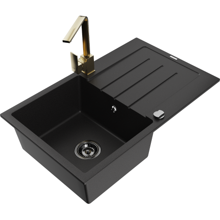 Mexen Bruno granite kitchen sink with one bowl, drainer and Rita kitchen faucet, black - 6513-77-670300-50-B