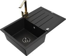 Mexen Bruno 1-bowl granite sink with drainer and Rita kitchen tap, black - 6513-77-670300-50-B