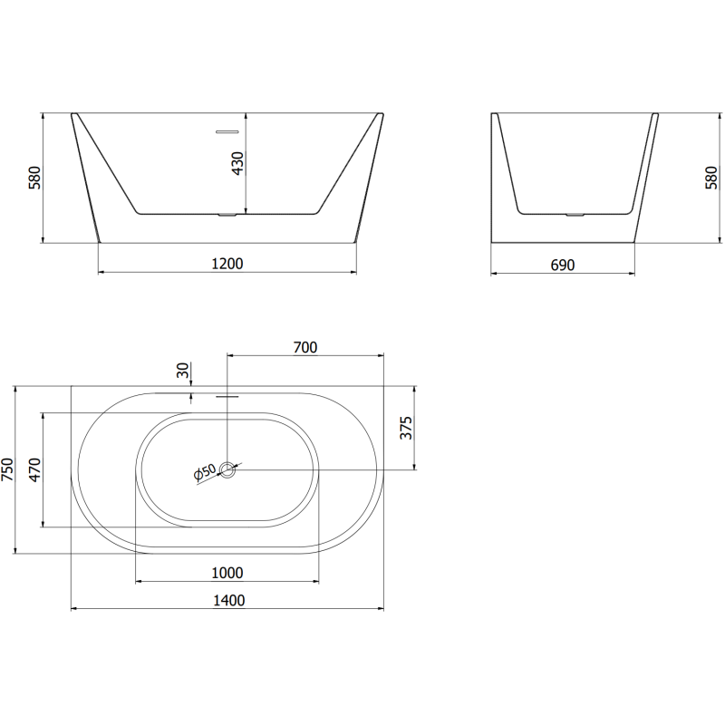 Mexen Oval freestanding back-to-wall bathtub 140 x 75 cm, white, black overflow - 52671407500-70