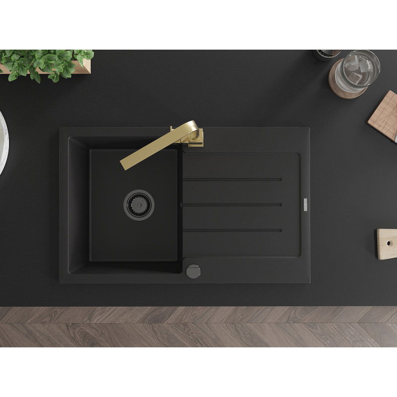 Mexen Bruno 1-bowl granite sink with drainer and Rita kitchen tap, black - 6513-77-670300-50-B
