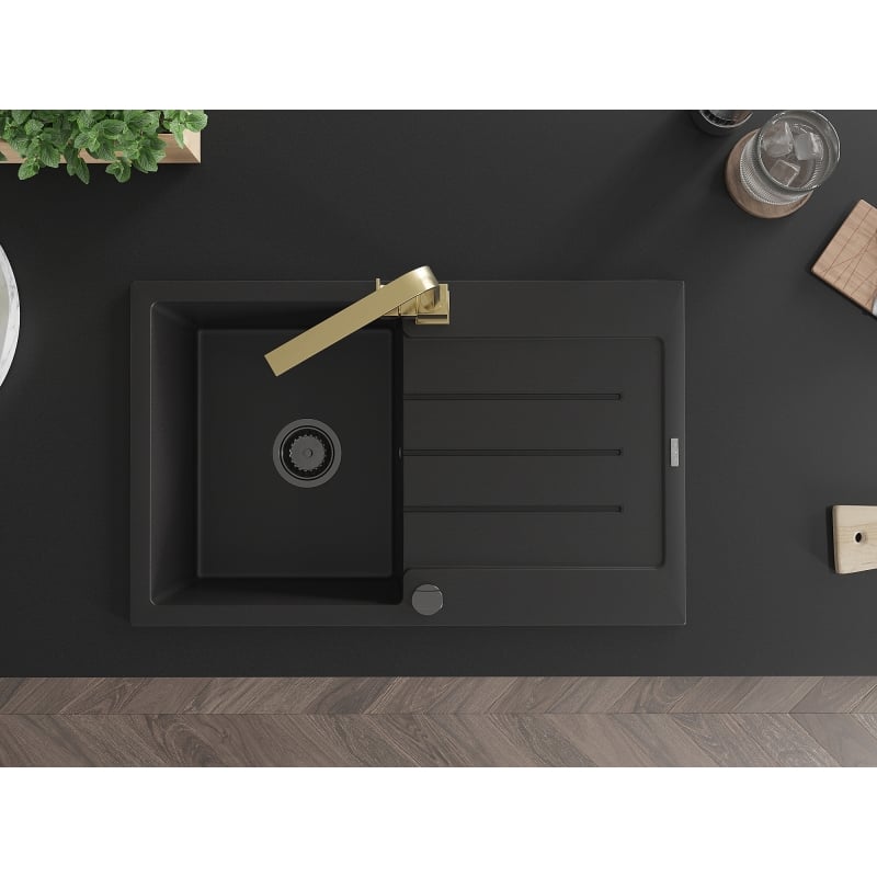 Mexen Bruno granite kitchen sink with one bowl, drainer and Rita kitchen faucet, black - 6513-77-670300-50-B