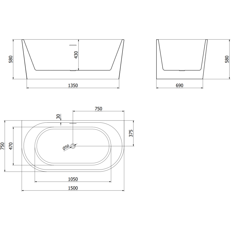 Mexen Oval freestanding wall-adjacent bathtub 150 x 75 cm, white, black overflow - 52671507500-70